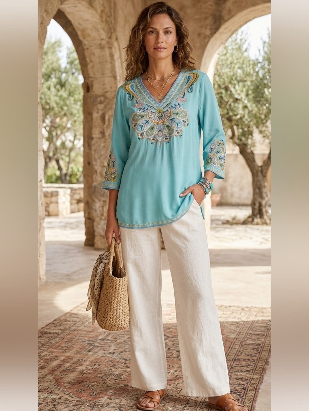 Soft Surroundings Viscose Blue Turquoise Embroidered Boho Tunic Top Size L